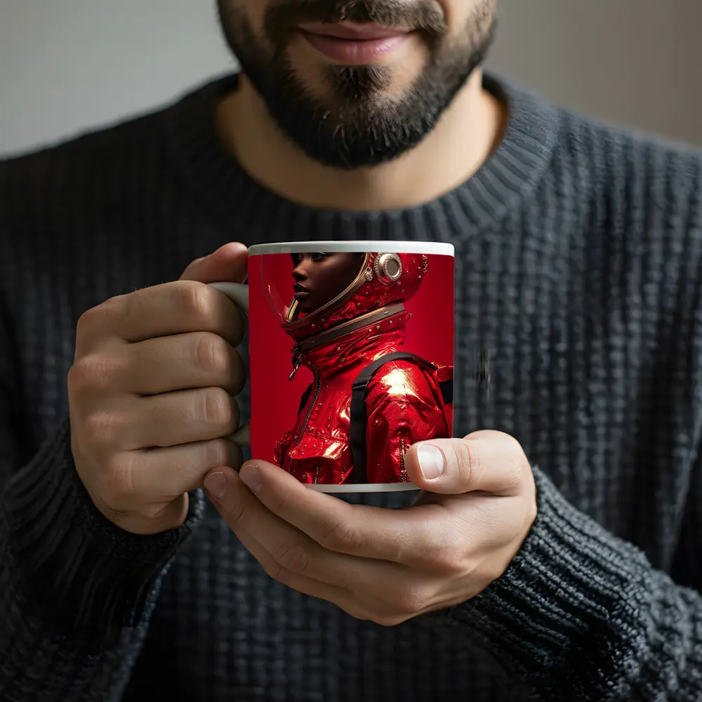 Woman Astronaut Red Suit Gold Helmet – Mugs