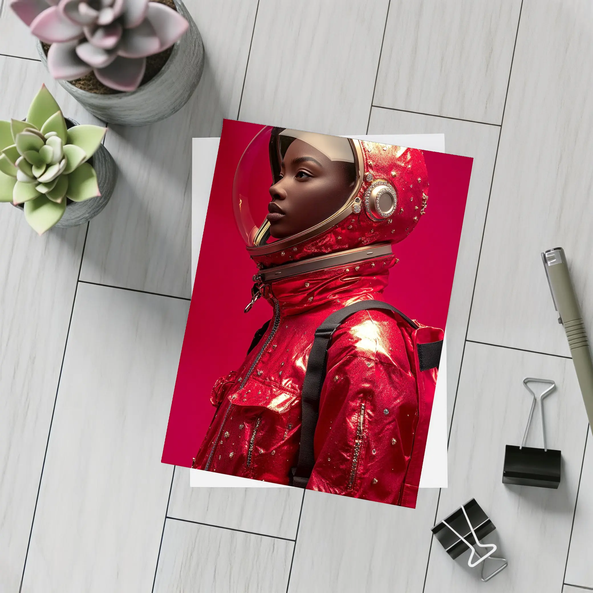 Woman Astronaut Red Suit Gold Helmet – Postcards
