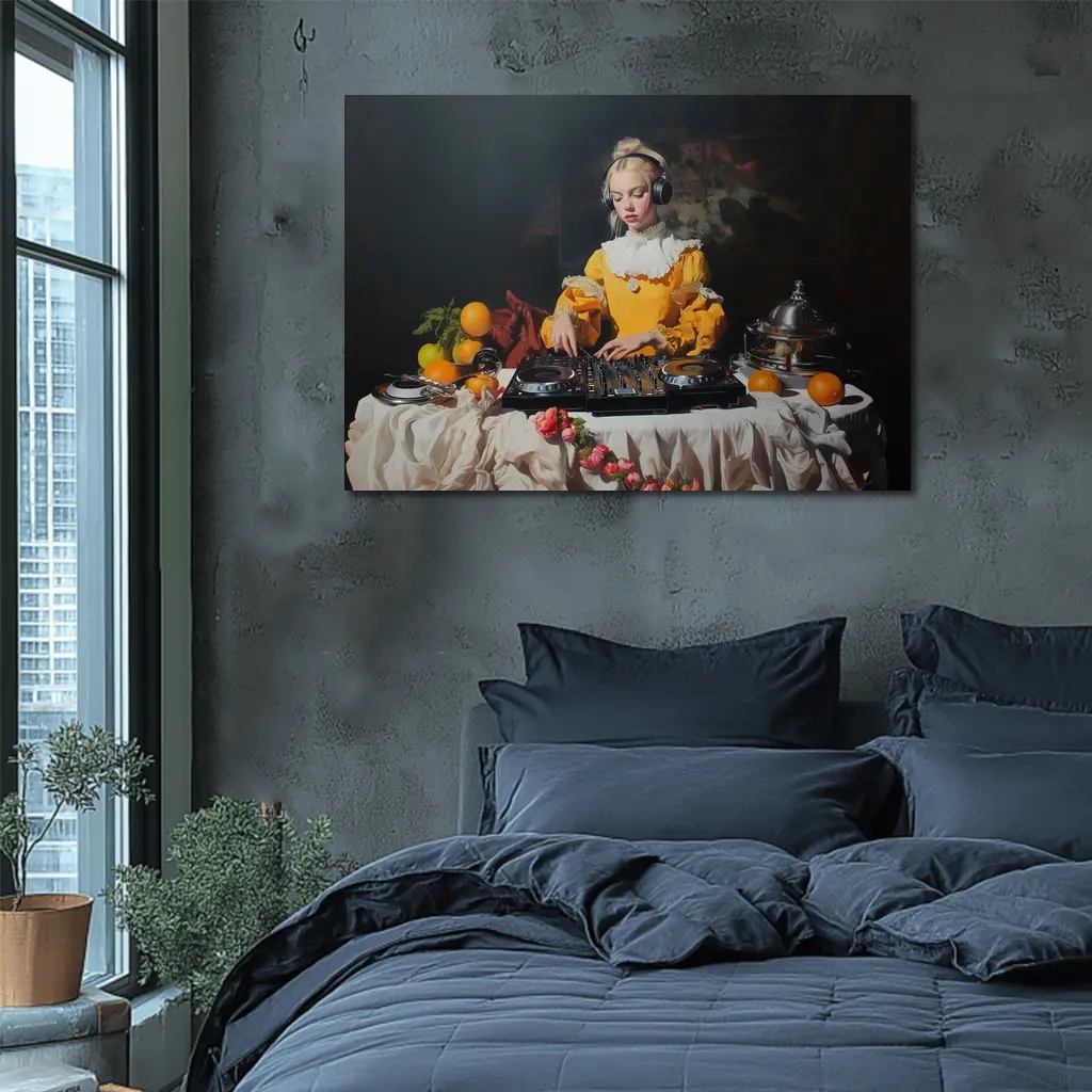 Baroque Girl DJ Mixing Dark Background – Wall Art