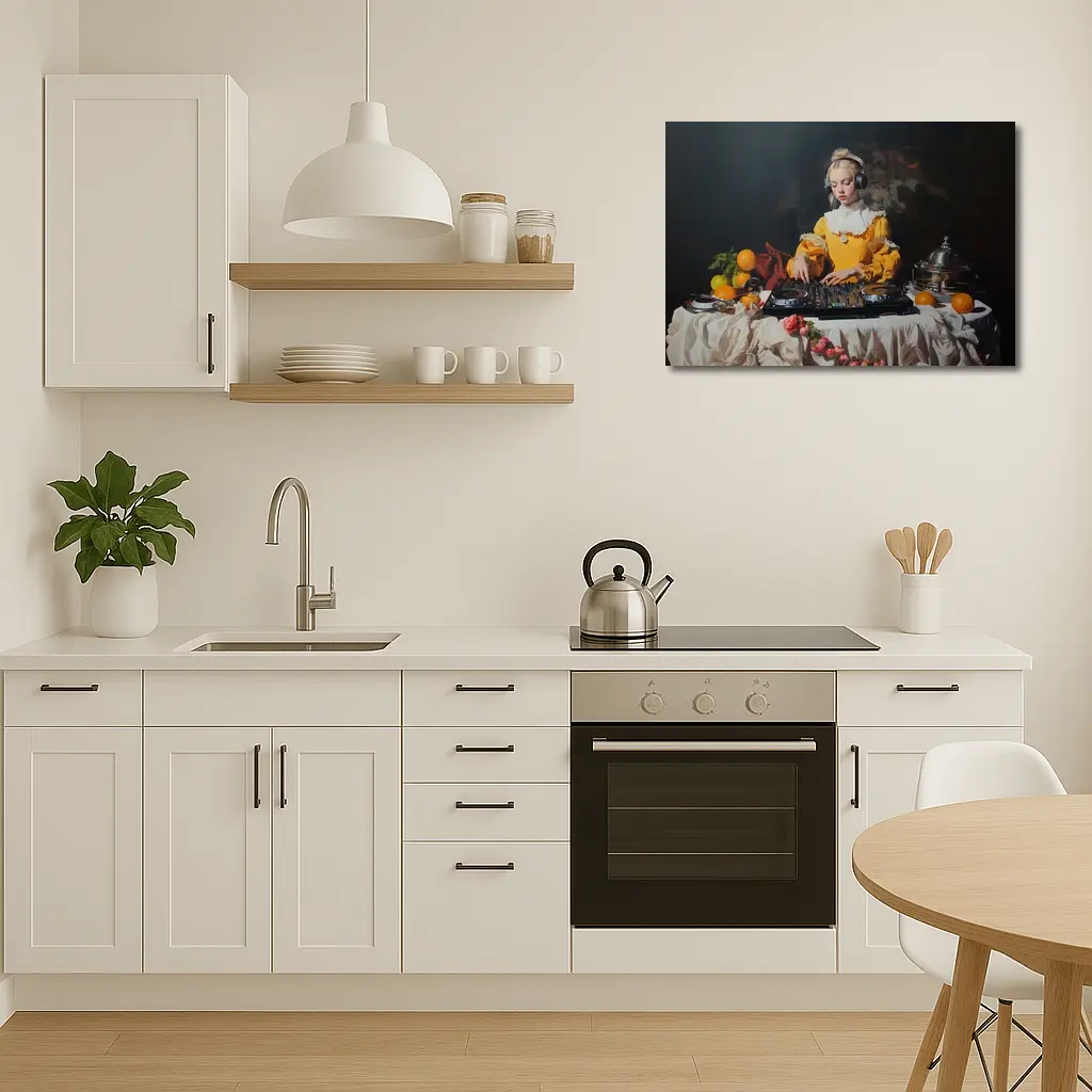 Baroque Girl DJ Mixing Dark Background – Wall Art