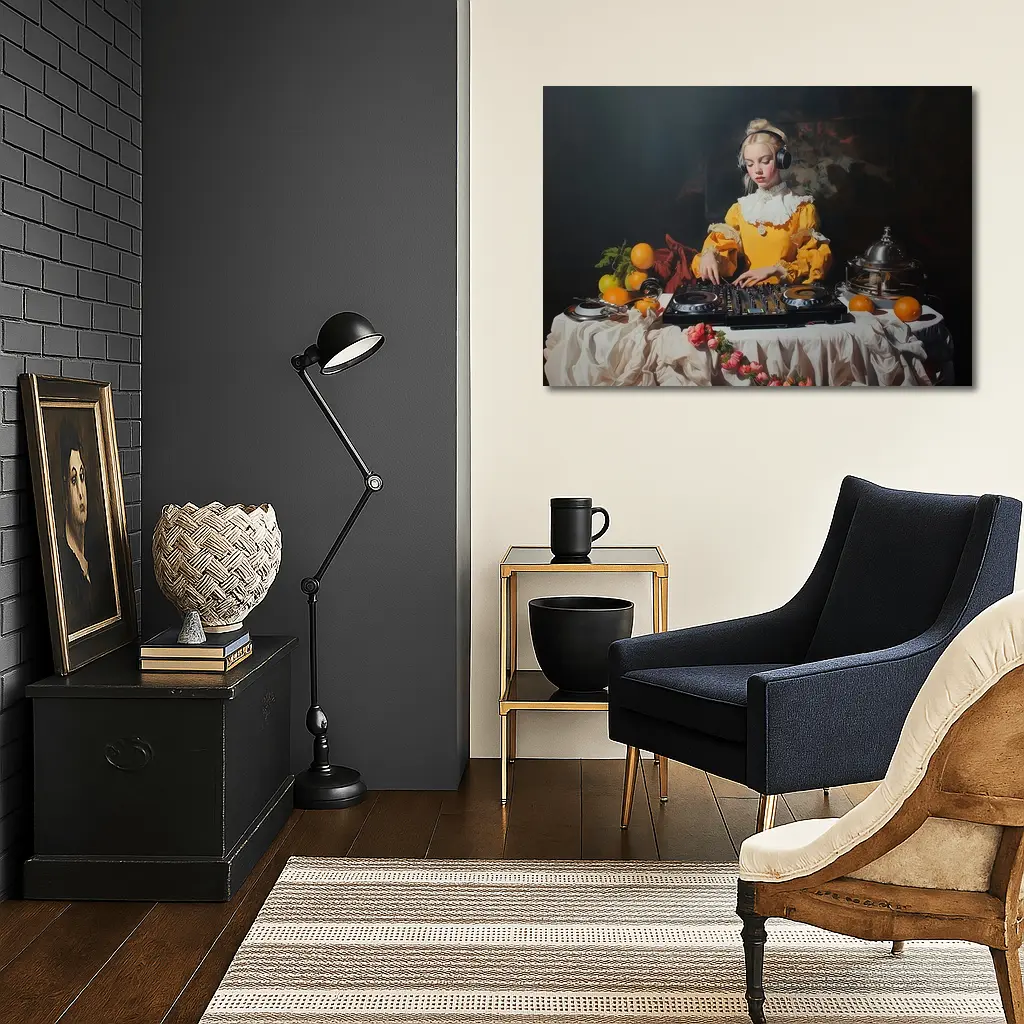 Baroque Girl DJ Mixing Dark Background – Wall Art