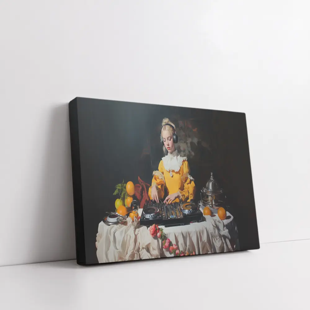 Baroque Girl DJ Mixing Dark Background – Wall Art