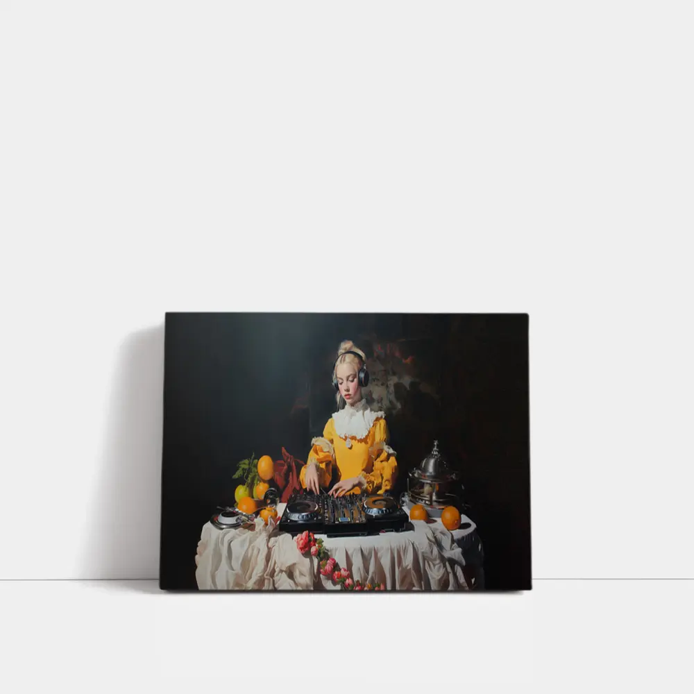 Baroque Girl DJ Mixing Dark Background – Wall Art