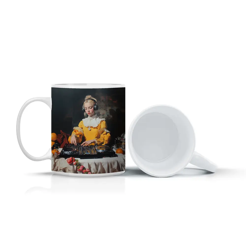 Baroque Girl DJ Mixing Dark Background – Mugs