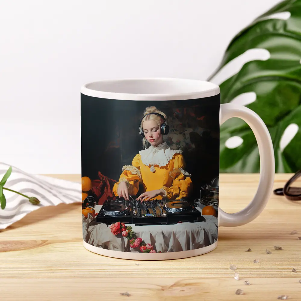 Baroque Girl DJ Mixing Dark Background – Mugs