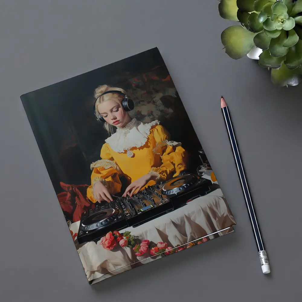 Baroque Girl DJ Mixing Dark Background – Notebooks