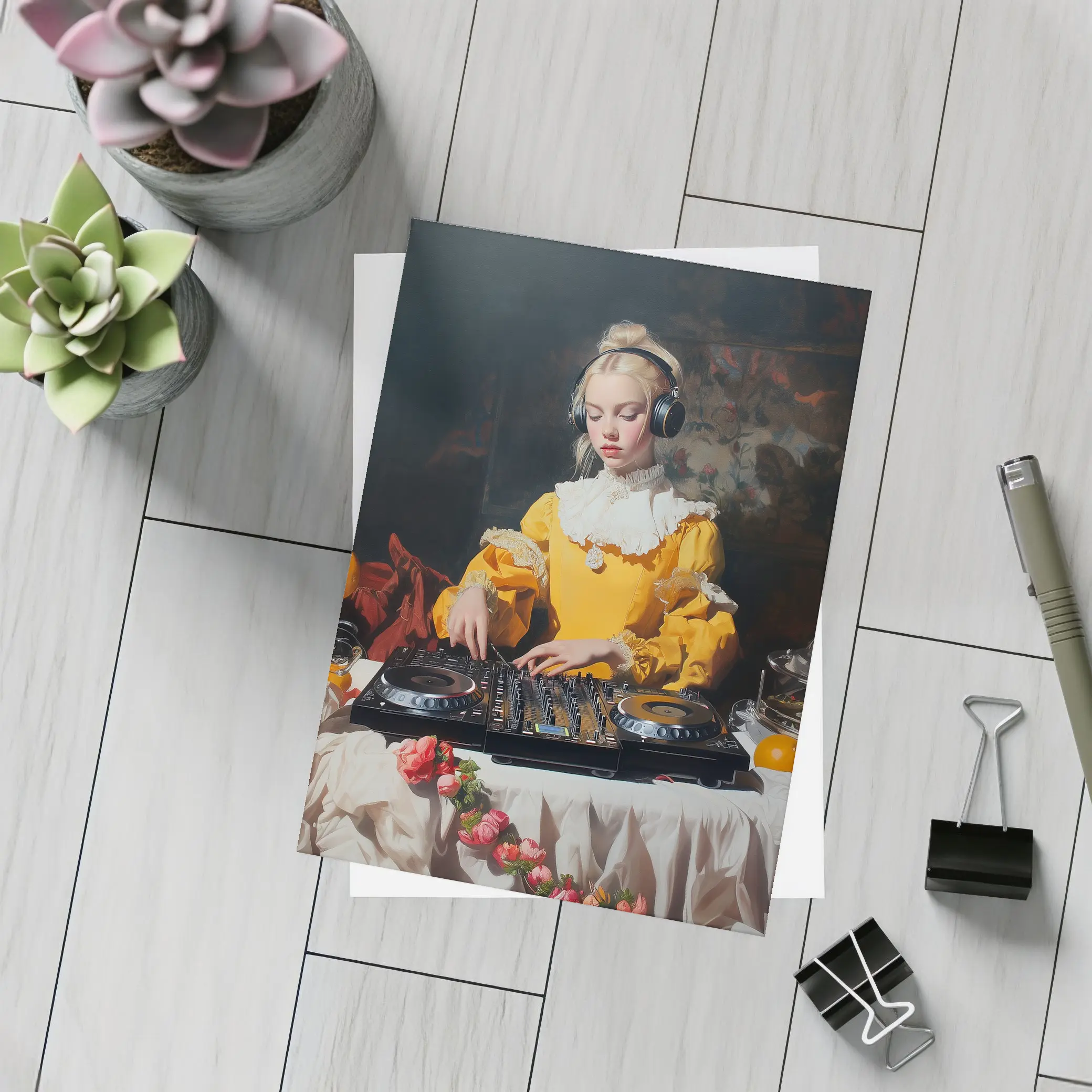 Baroque Girl DJ Mixing Dark Background – Postcards