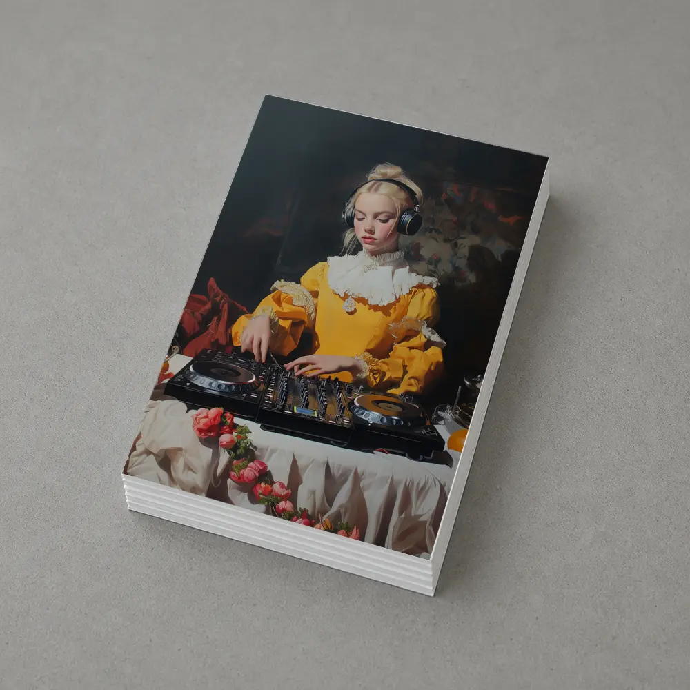 Baroque Girl DJ Mixing Dark Background – Postcards
