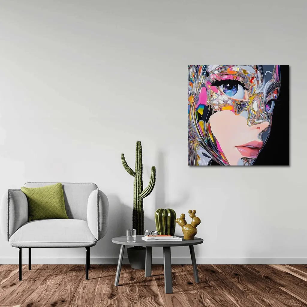 Cyberpunk Woman Crystal Mask Black Background – Wall Art