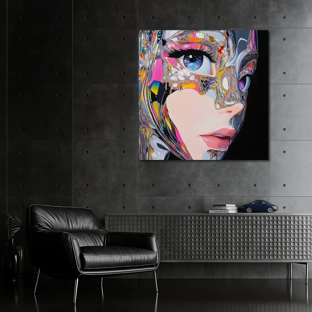 Cyberpunk Woman Crystal Mask Black Background – Wall Art