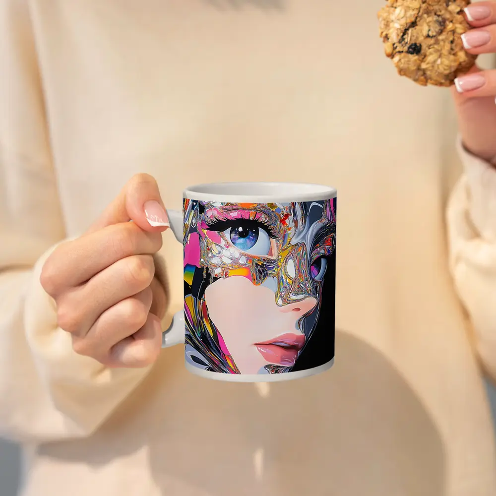 Cyberpunk Woman Crystal Mask Black Background – Mugs