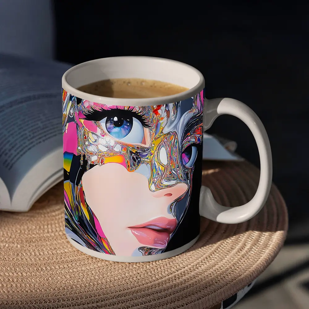 Cyberpunk Woman Crystal Mask Black Background – Mugs