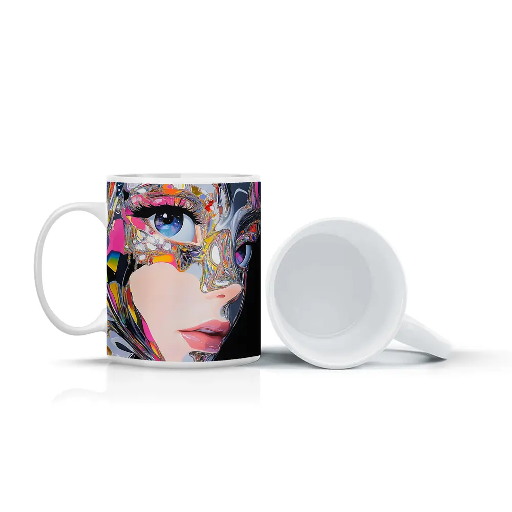 Cyberpunk Woman Crystal Mask Black Background – Mugs