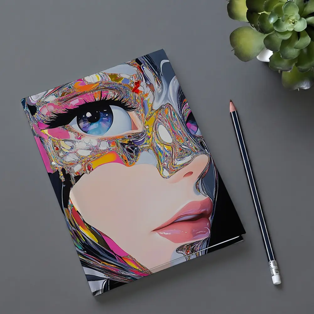 Cyberpunk Woman Crystal Mask Black Background – Notebooks