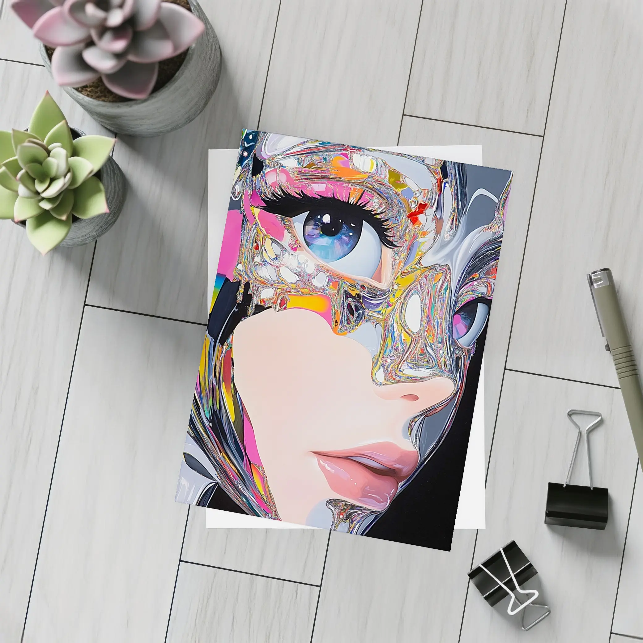 Cyberpunk Woman Crystal Mask Black Background – Postcards