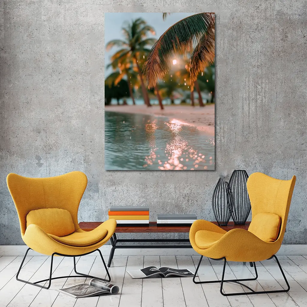 Tropical Beach Palm Trees Golden Light – Wall Art