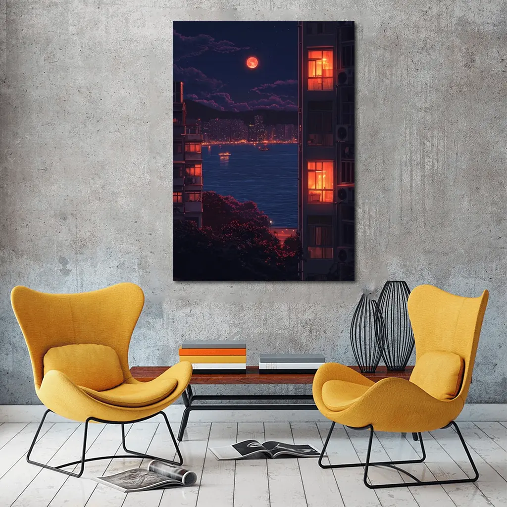 Pixel Art City Night Red Moon Bay – Wall Art