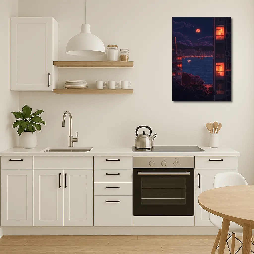 Pixel Art City Night Red Moon Bay – Wall Art
