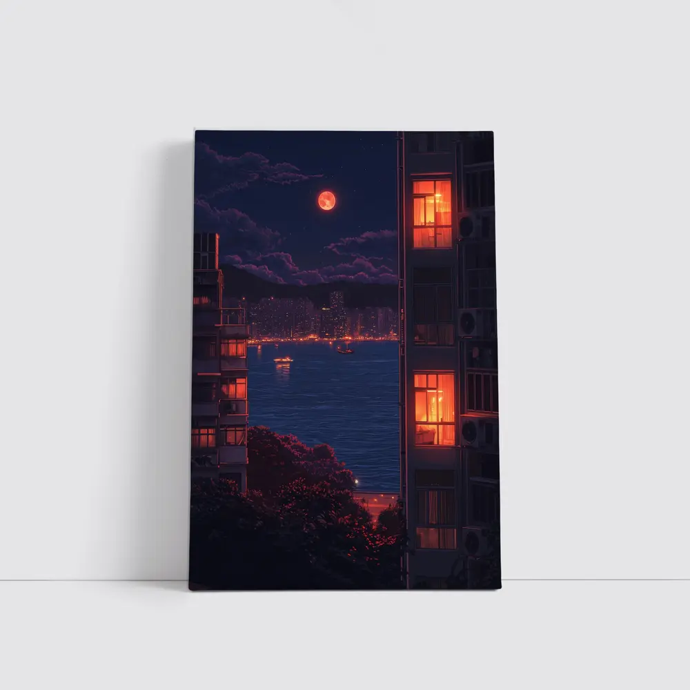 Pixel Art City Night Red Moon Bay – Wall Art