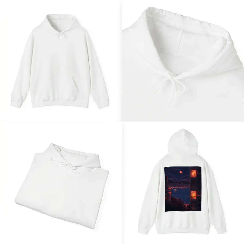 Pixel Art City Night Red Moon Bay – Hoodies