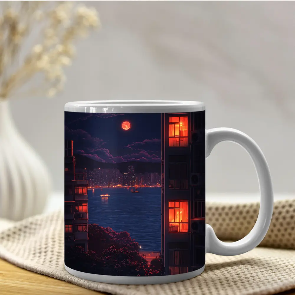 Pixel Art City Night Red Moon Bay – Mugs