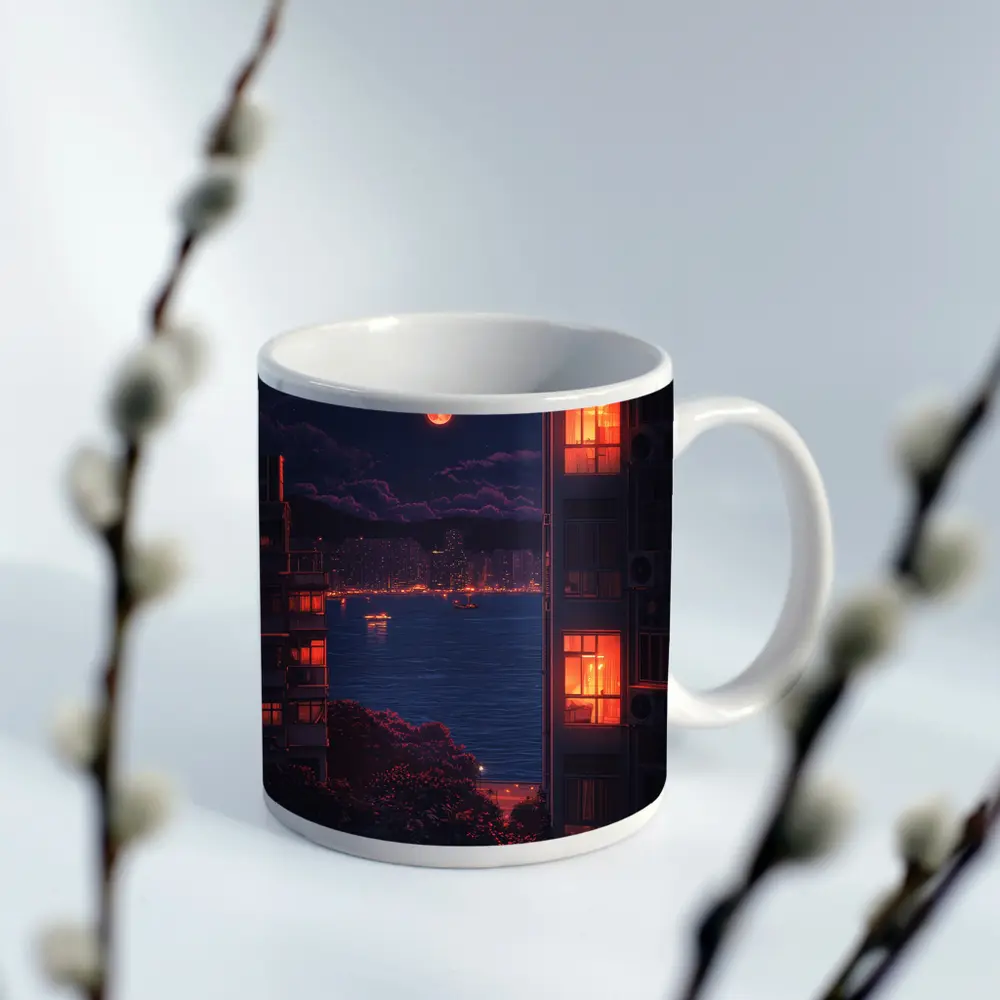 Pixel Art City Night Red Moon Bay – Mugs