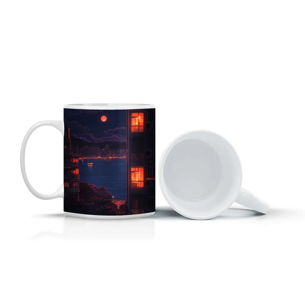 Pixel Art City Night Red Moon Bay – Mugs
