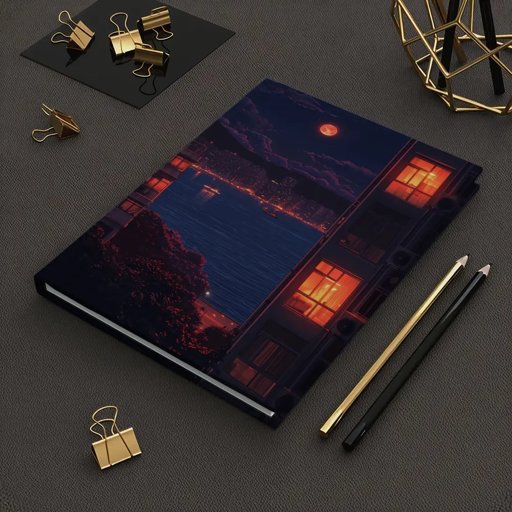 Pixel Art City Night Red Moon Bay – Notebooks