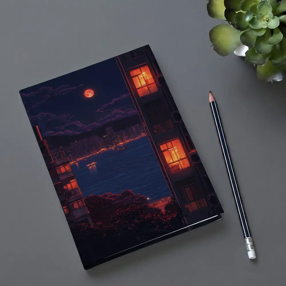 Pixel Art City Night Red Moon Bay – Notebooks