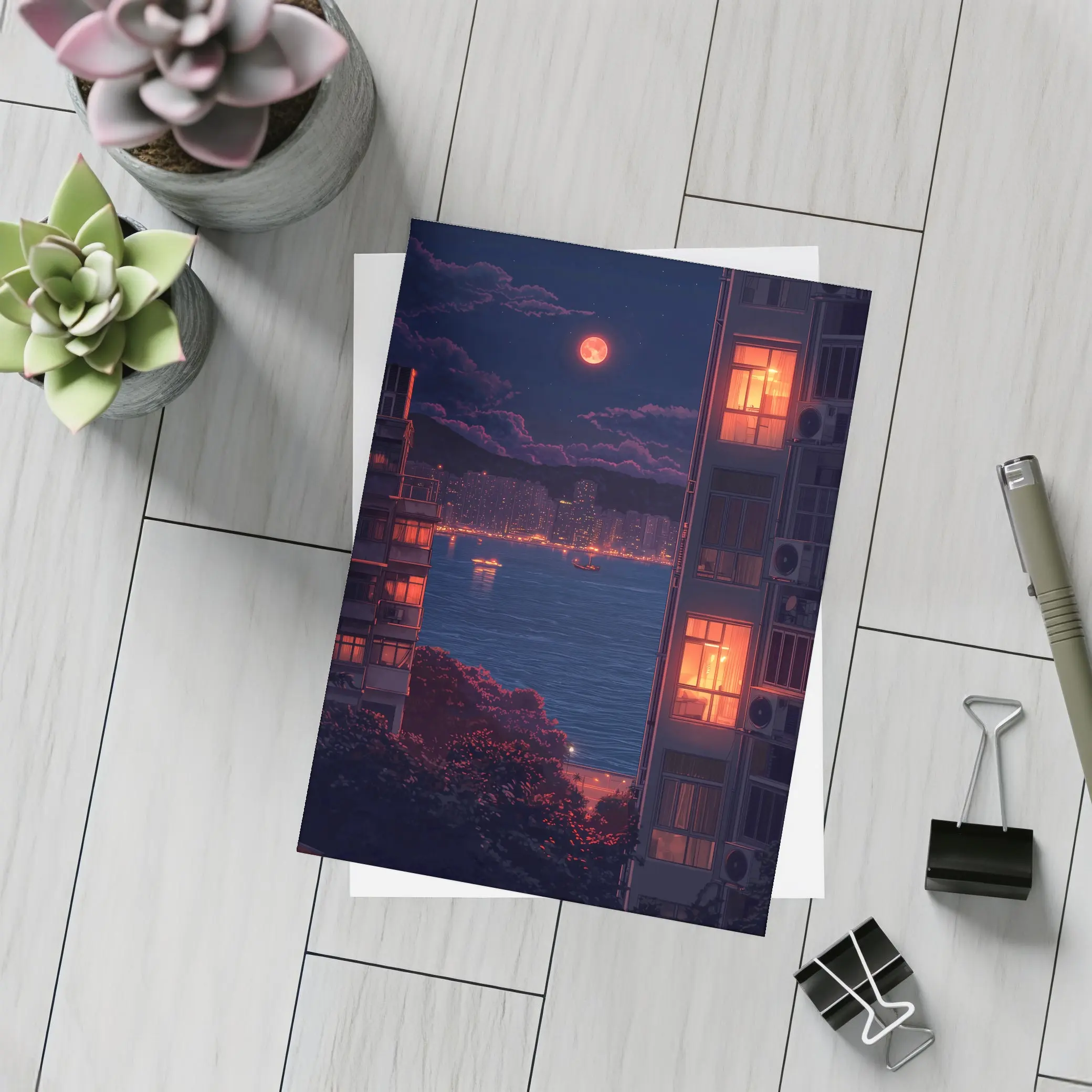 Pixel Art City Night Red Moon Bay – Postcards