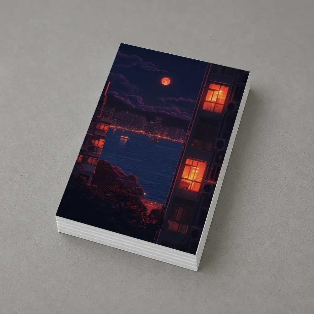 Pixel Art City Night Red Moon Bay – Postcards