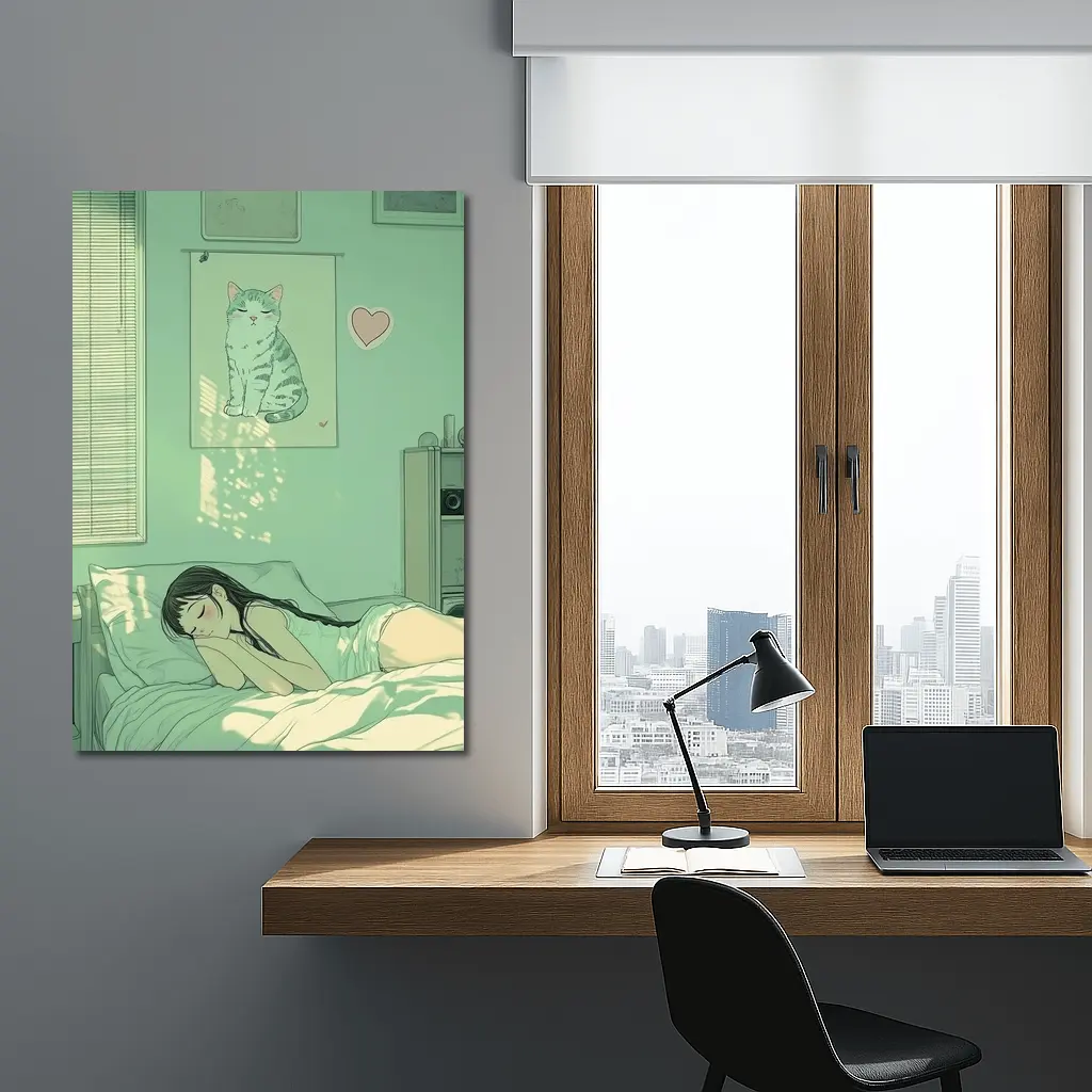 Anime Girl Sleeping Mint Green Bedroom – Wall Art