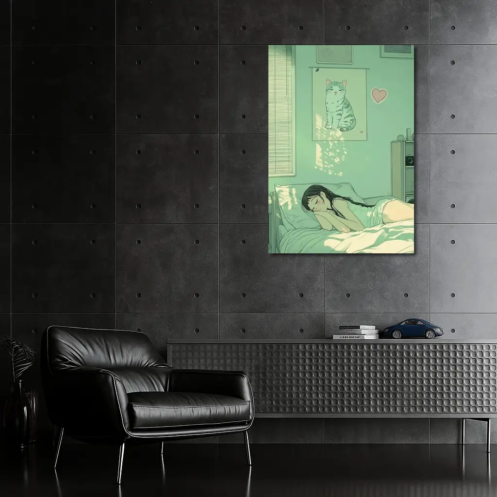 Anime Girl Sleeping Mint Green Bedroom – Wall Art