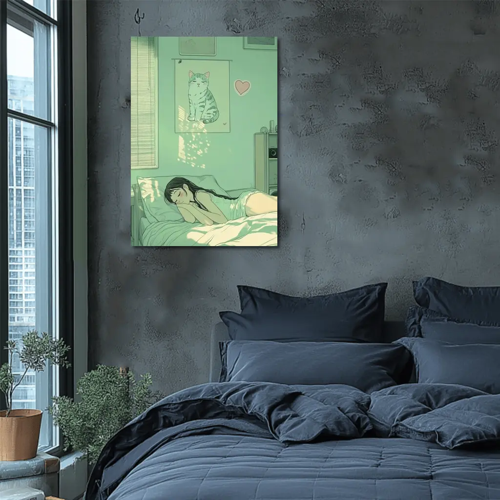 Anime Girl Sleeping Mint Green Bedroom – Wall Art