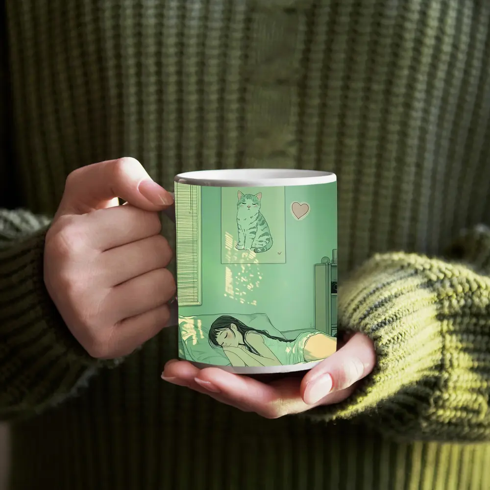 Anime Girl Sleeping Mint Green Bedroom – Mugs