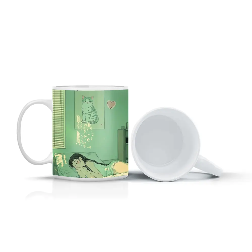Anime Girl Sleeping Mint Green Bedroom – Mugs
