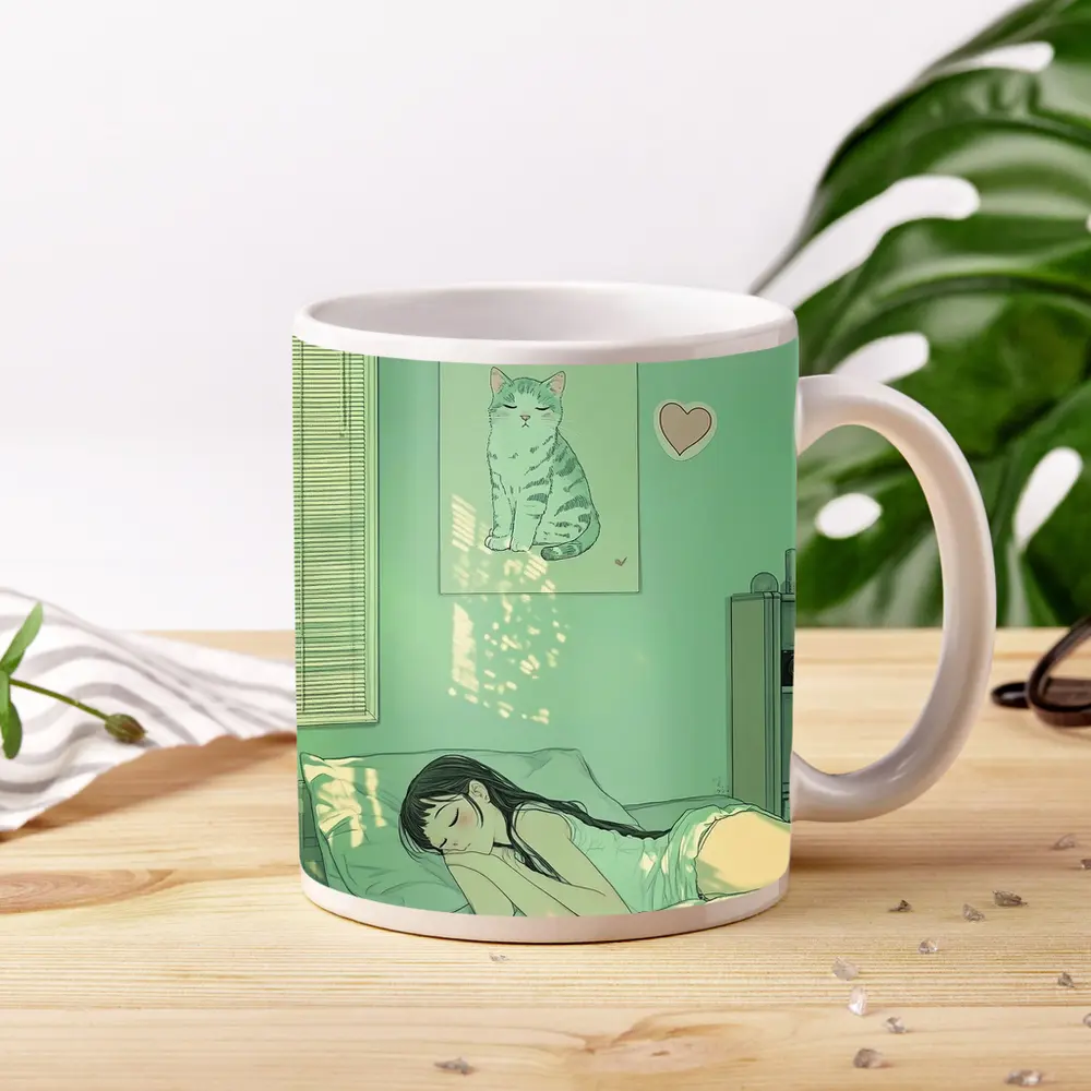 Anime Girl Sleeping Mint Green Bedroom – Mugs