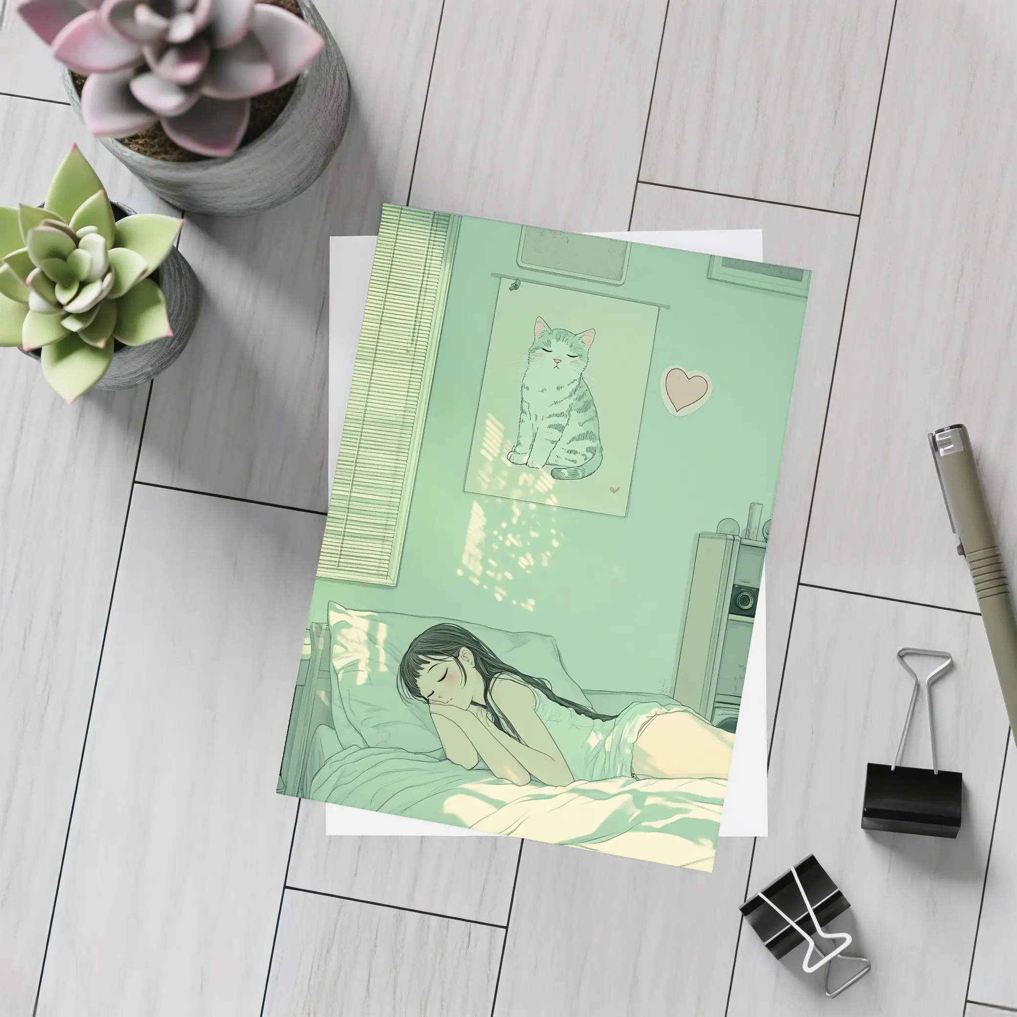 Anime Girl Sleeping Mint Green Bedroom – Postcards