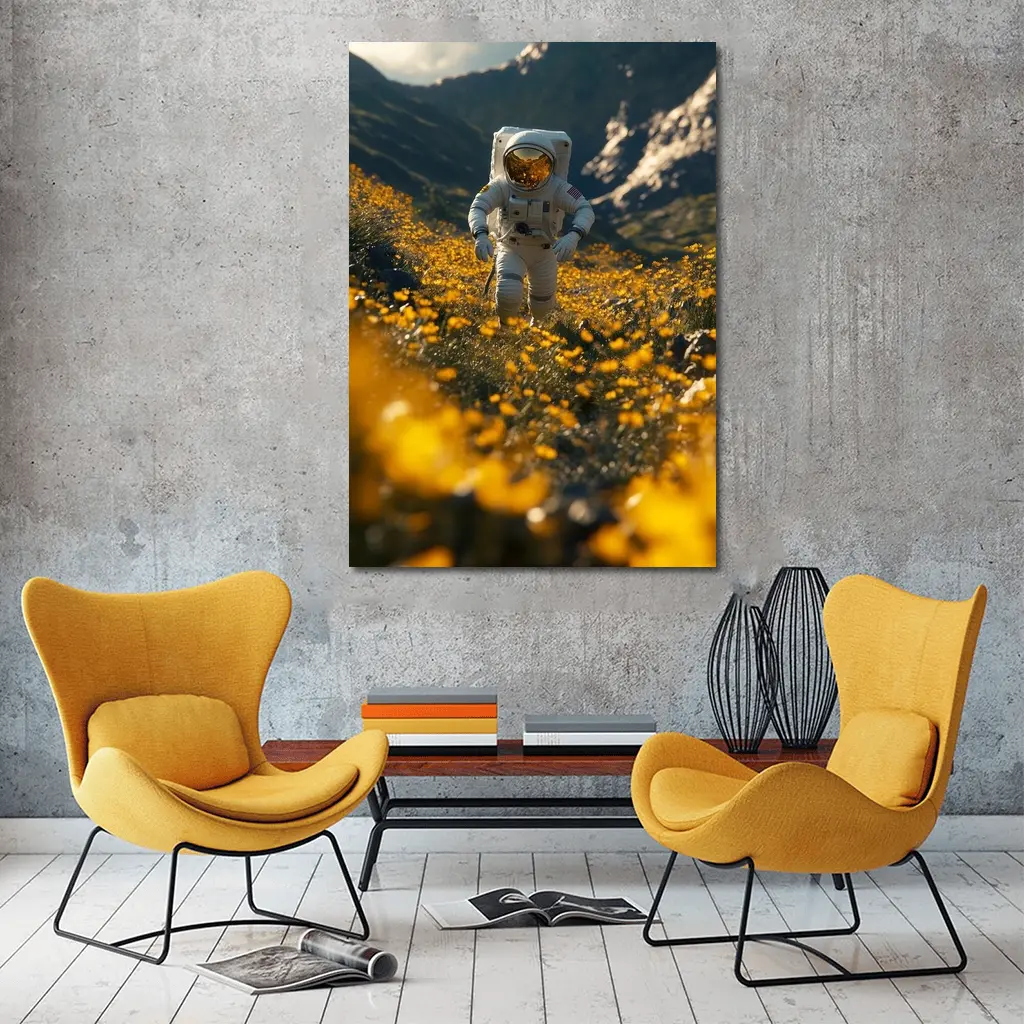 Astronaut Standing In Yellow Flower Field – Wall Art