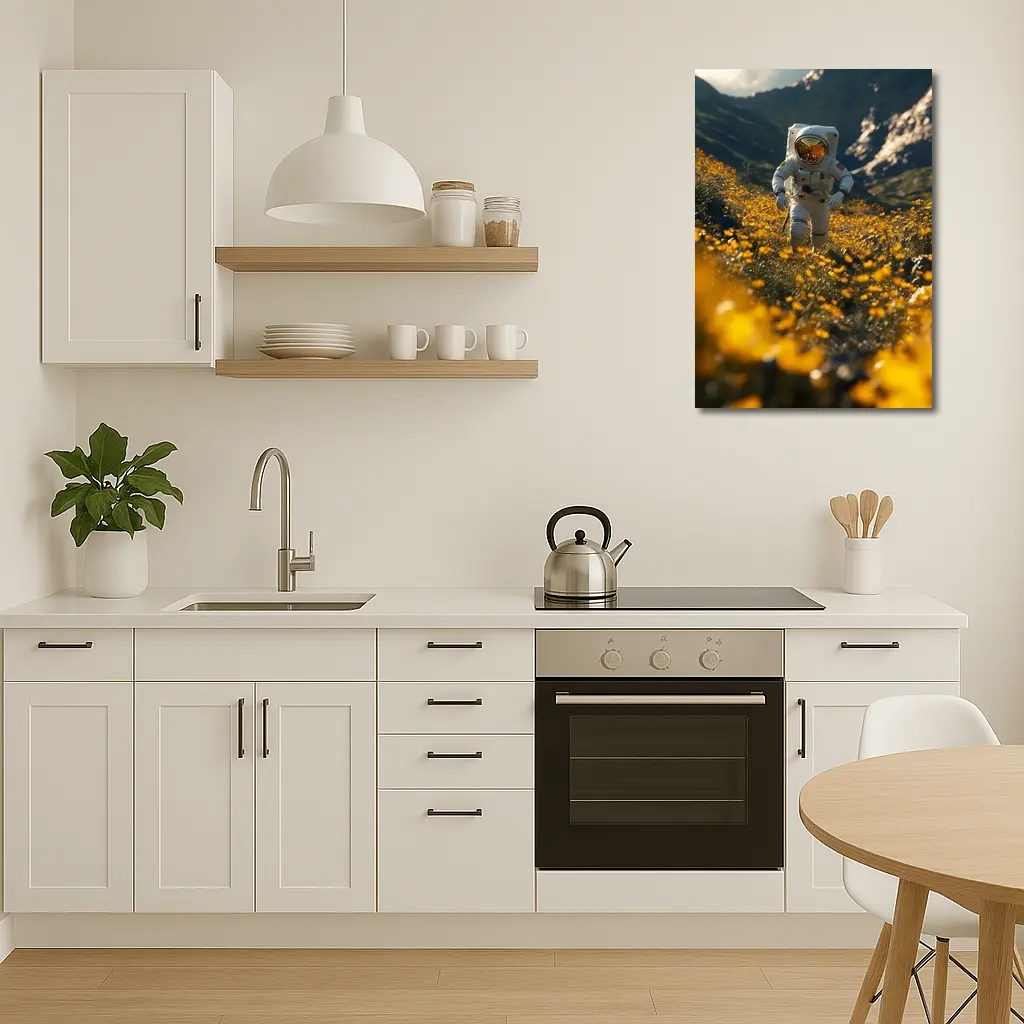 Astronaut Standing In Yellow Flower Field – Wall Art