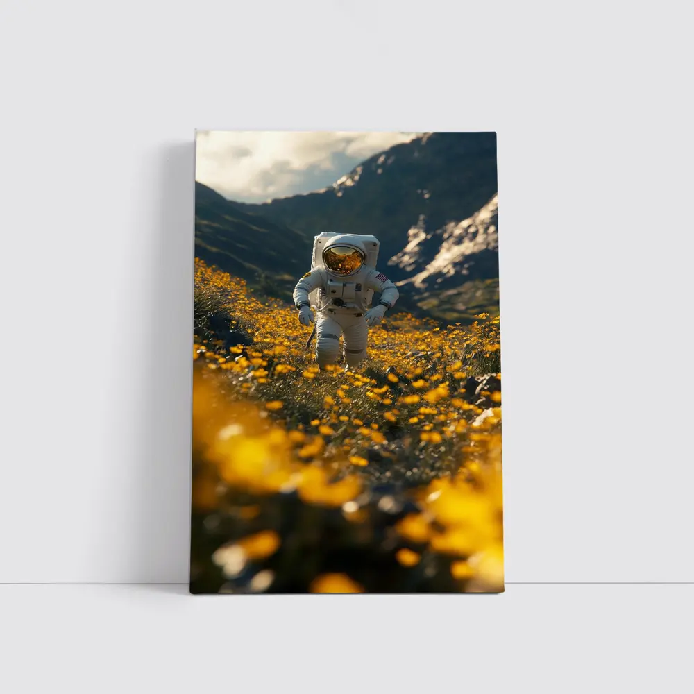 Astronaut Standing In Yellow Flower Field – Wall Art
