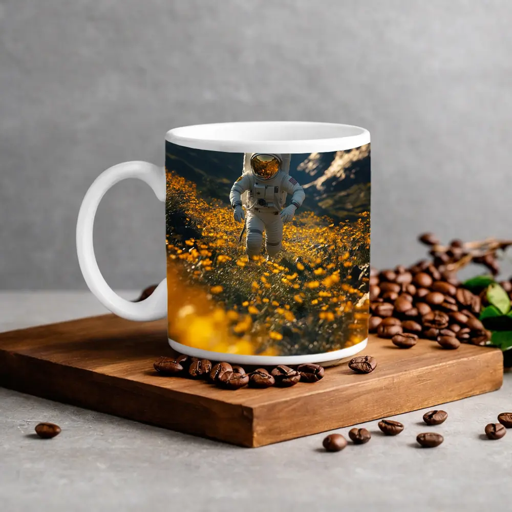 Astronaut Standing In Yellow Flower Field – Mugs
