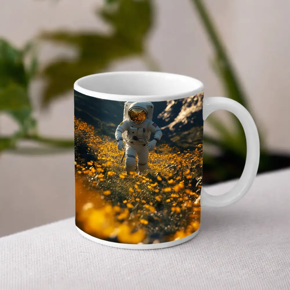 Astronaut Standing In Yellow Flower Field – Mugs