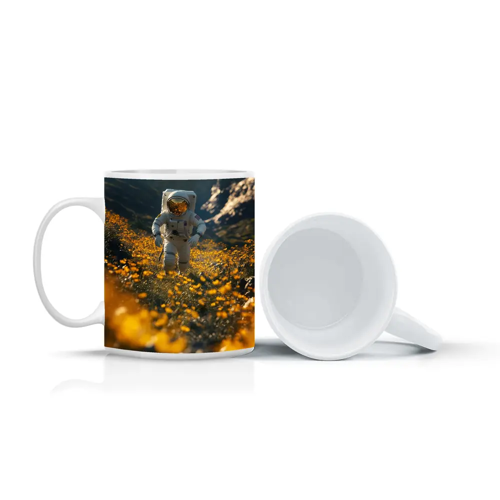 Astronaut Standing In Yellow Flower Field – Mugs