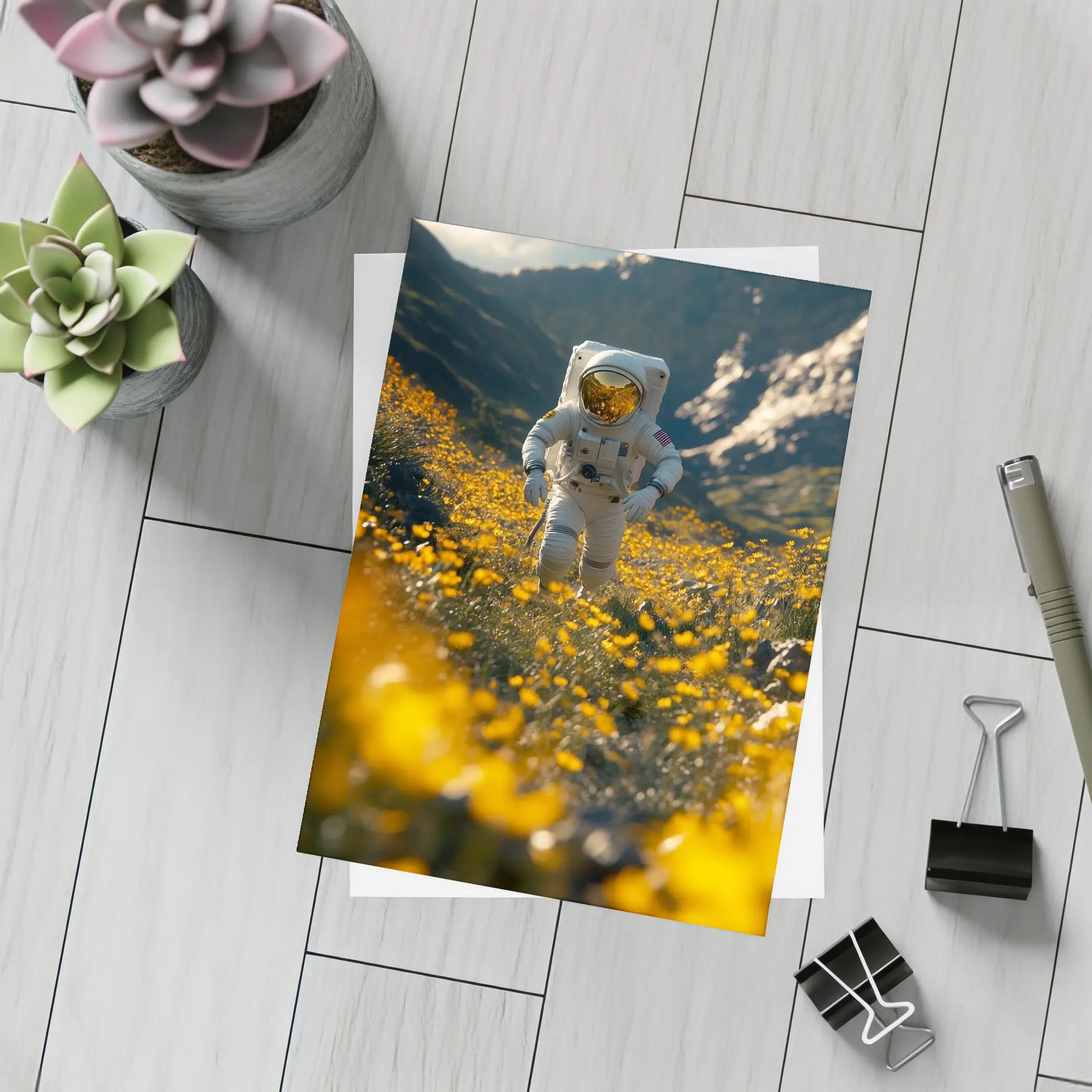 Astronaut Standing In Yellow Flower Field – Postcards