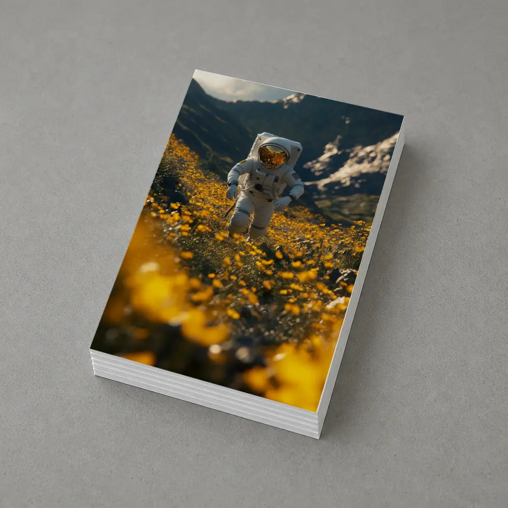 Astronaut Standing In Yellow Flower Field – Postcards