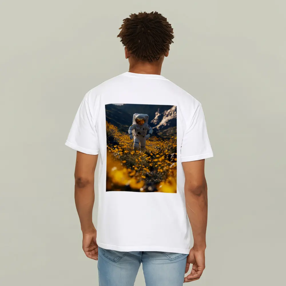 Astronaut Standing In Yellow Flower Field – T-Shirts