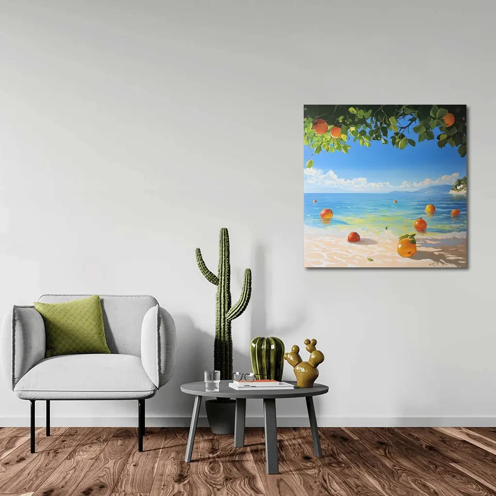 Oranges Floating On Tropical Beach Shore Painting – Wall Art