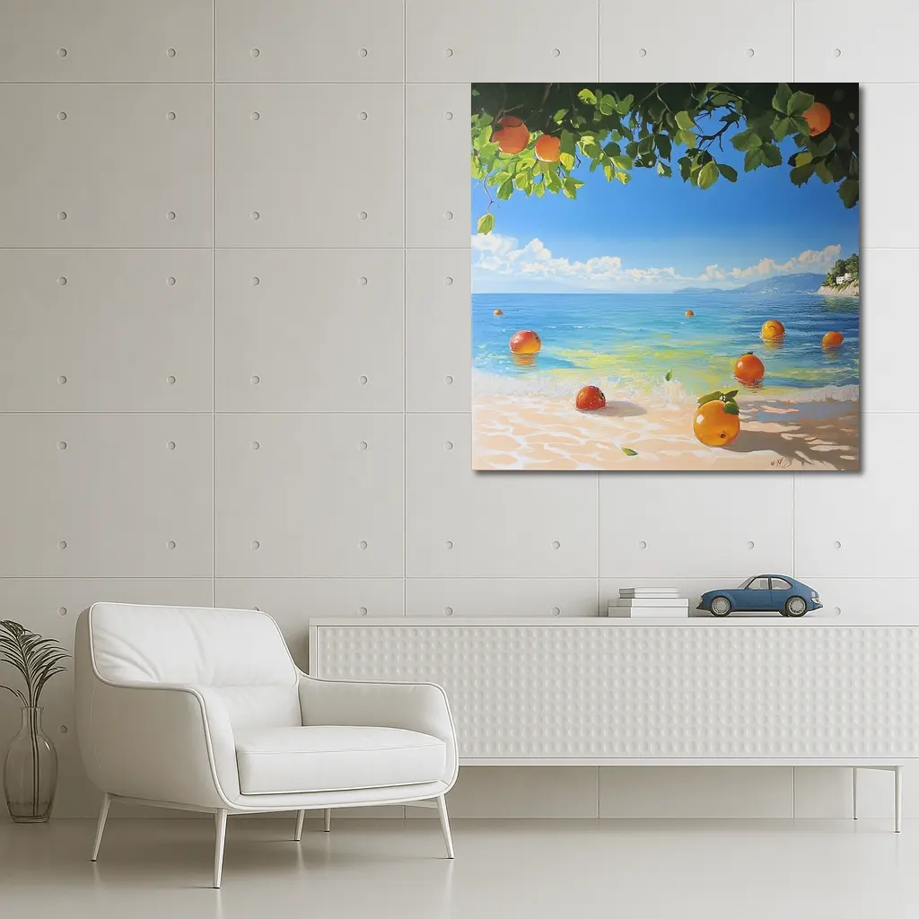 Oranges Floating On Tropical Beach Shore Painting – Wall Art