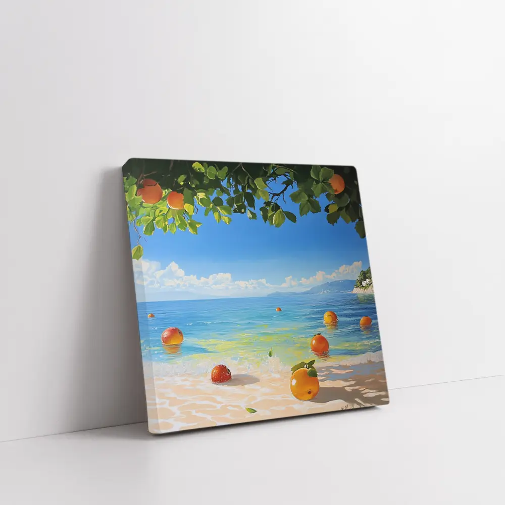 Oranges Floating On Tropical Beach Shore Painting – Wall Art